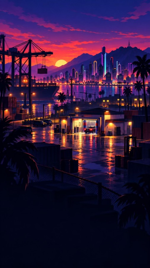 The neon harbour at night