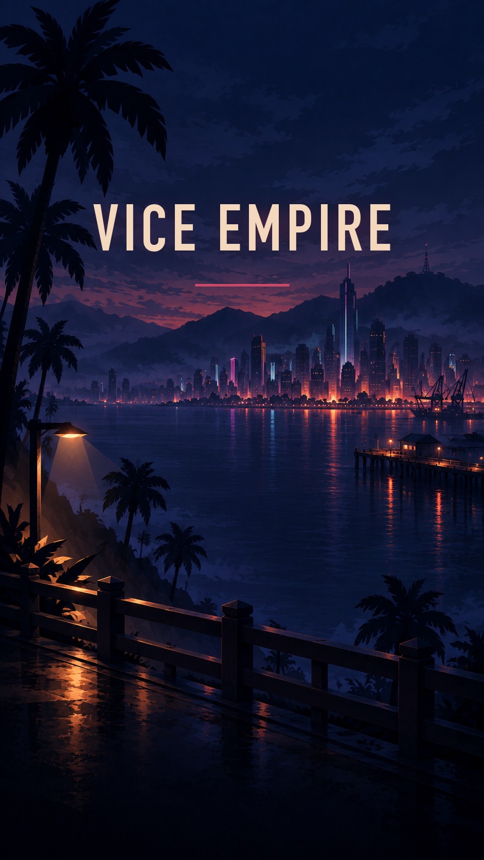 Vice Empire: the crown over Solara City's neon harbour at night