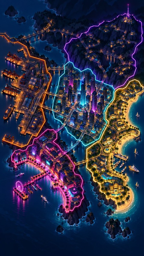 A painted map of Solara City's five districts