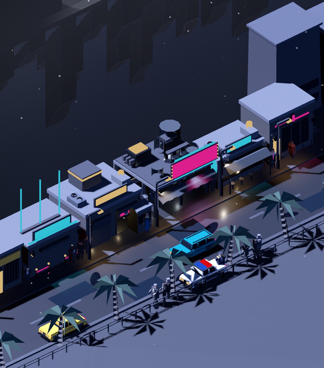 Harbour Road in the game: a car wash, a diner and a garage under neon, palms along the water, a patrol car in the road